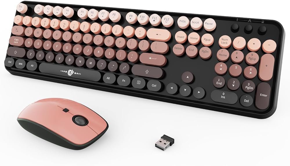 Wireless Keyboard and Mouse Combo, 104 Round Keys Cute Colorful Keyboard and Mouse with Retro Typewriter for PC/Mac/Laptop/Tablet/Computer/Windows Black - Product Image