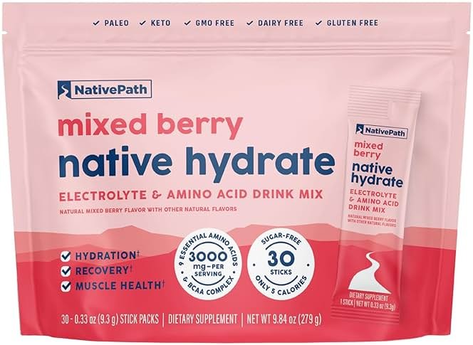 NativePath Hydrate Electrolyte Stick Packs – Zero Sugar Drink Mix with 2,000mg BCAAs, 14 Vitamins & Minerals – Mixed Berry Keto Hydration, 30 Single-Serve Packets - Product Image