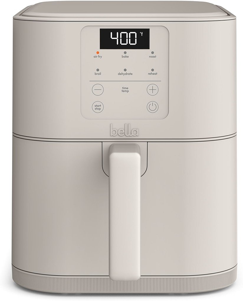 bella 6 Qt Slim Air Fryer, Fits-anywhere™ Kitchenware, EverGood™ Ceramic Nonstick Coating, Adjustable Temperature, 6 Preset Cooking Options, 60 Min Auto Shutoff w Audible Tone, 5lb Capacity, Oatmilk - Product Image