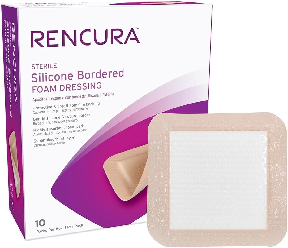 Rencura® Silicone Bordered Foam Dressing, 3" x 3" | Sterile, Breathable & Highly Absorbent | Gentle Adhesive for Sensitive Skin | 10 Pack for Advanced Wound Care| Ideal for Wound Care & Post-Op Use - Product Image