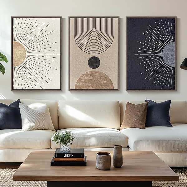 Framed Large Boho Neutral Abstract Wall Art for Living Room, Black Beige Sun and Moon Paintings Prints for Hallway Office, Set of 3 Piece Modern Minimalist Canvas Artwork Pictures 24x36 Inch - Product Image