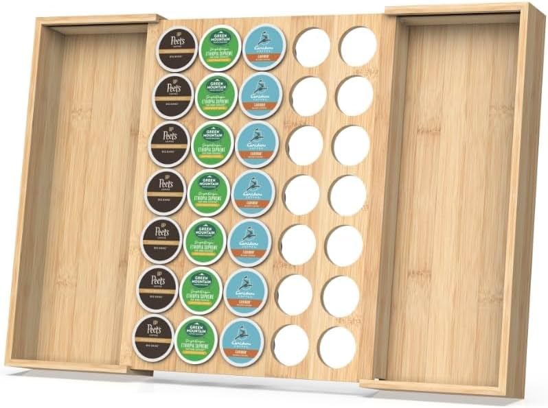 WELL WENG Larger Expandable Bamboo Coffee Pod Holder for Counter Drawer Display, 35 Pod Capacity, K-Cup Pods - Tea Bags Storage Organizer Holder (Bamboo) - Product Image