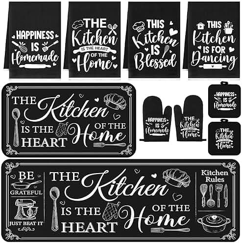Fourluoo 10 Pcs Farmhouse Kitchen Decor and Accessories Set 4 Kitchen Towels 2 Pot Holders 2 Oven Mitts 2 Rugs for Cooking Baking Mom Housewarming Gifts(Black,Classic Style) - Product Image