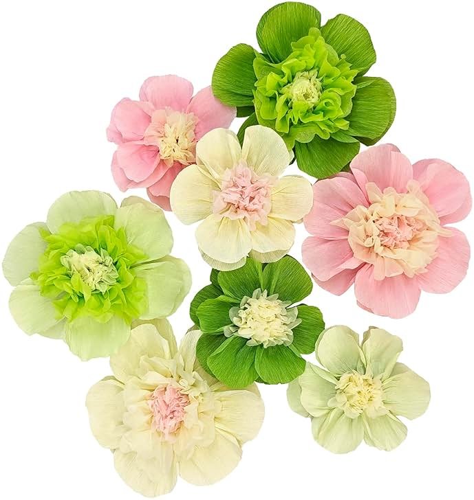 Mybbshower Crepe Paper Flower for Wall Psprt Pom Pom Decor Girls Birthday Party Backdrop Baby Shower Nursery Room Decoration Pack of 9 (Pink Green) - Product Image