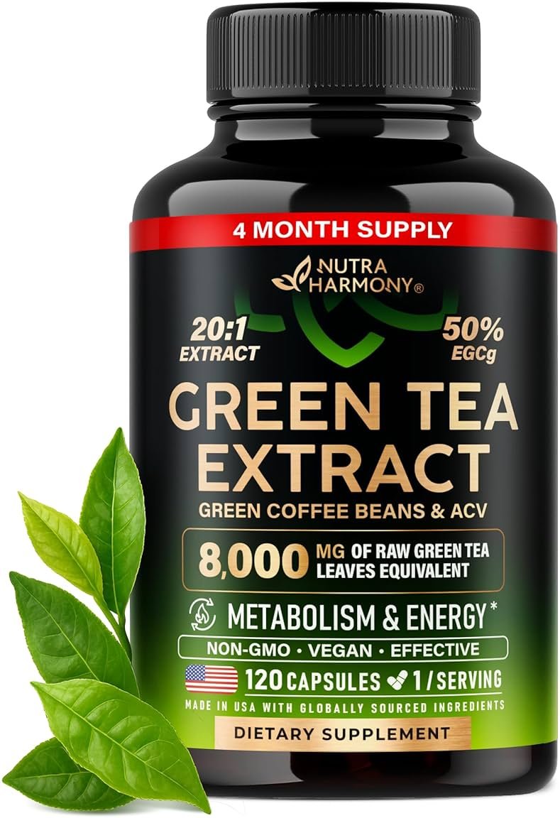 Green Tea Extract - 50% EGCG, Extra Strength 20:1 Extract - Natural Green Tea Supplement + Green Coffee Beans & Apple Cider Vinegar - Energy & Metabolism Support - for Men & Women - Vegan 120 Capsules - Product Image