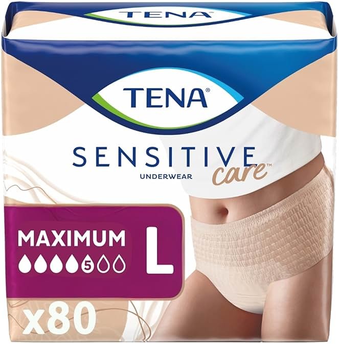 Tena Sensitive Care Incontinence Underwear for Women, Maximum Absorbency, Adult Diapers, Large (Waist Sizes 34in-44in), 80 Count (4 Packs of 20) - Product Image