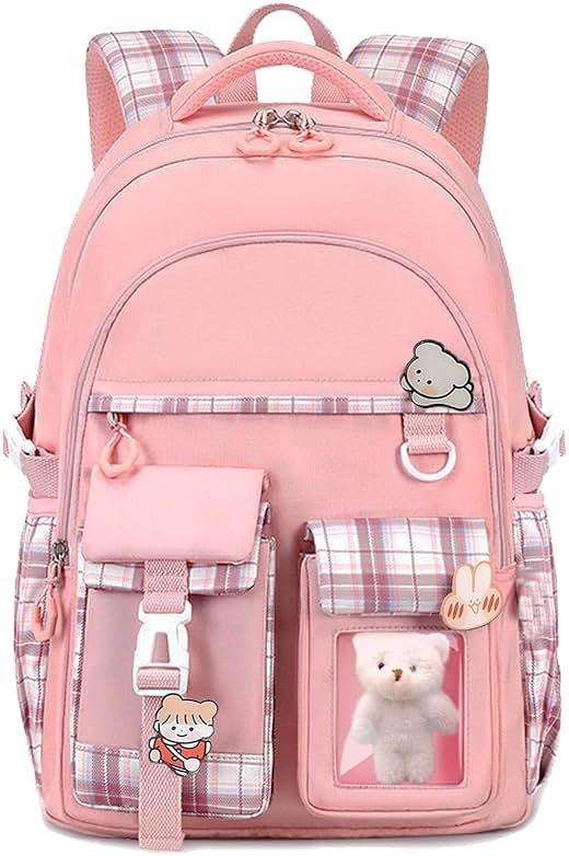 PRLINJSK Girls Backpack，Cute School Backpack for Girls Kids Teens，Kawaii Bookbag for Primary Elementary，Pink - Product Image