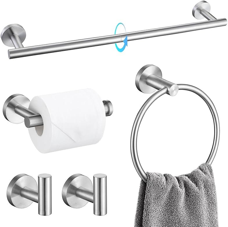 TQKAG Bathroom Towel Bar Holder Sets Brushed Nickel 23.6 Inch Round Stainless Steel Towel Bar Set 5 Piece Bathroom Accessory Set Wall Mounted - Product Image