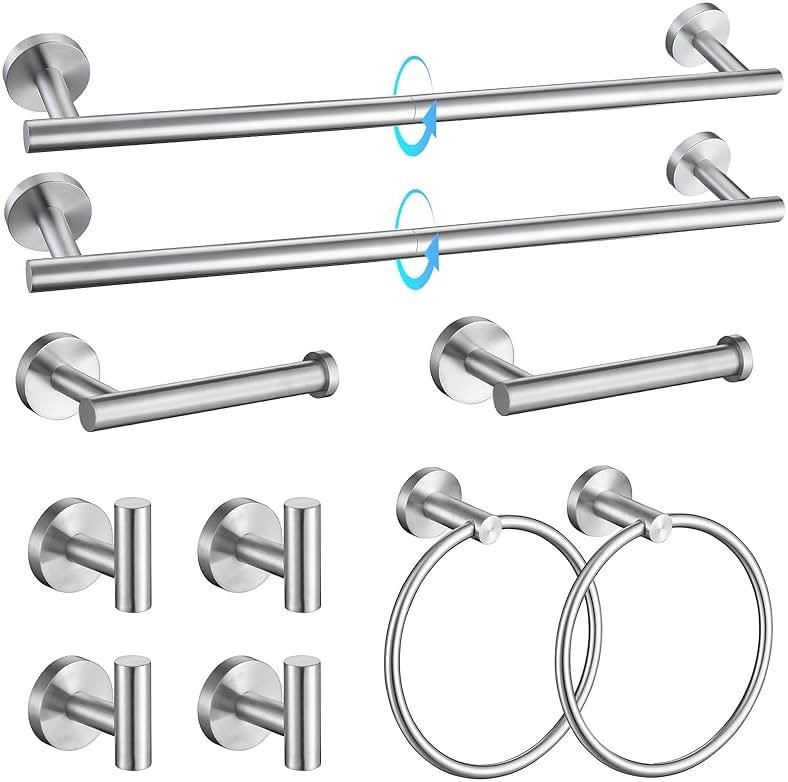 TQKAG Brushed Nickel Bathroom Hardware Accessories Set - 10-Piece Premium SUS304 Stainless Steel Towel Bar Holder Set with 23.6 Inch Round Towel Racks for Wall Mounted Bathroom - Product Image