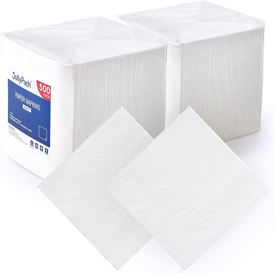 JollyPack 1000 Count White Paper Napkins - 1-Ply 6.5 x 6.5 Folded Bulk Disposable Beverage Cocktail Napkins, Dinner Paper for Restaurants, Bars and Parties - 13 x 13 Unfolded - Product Image