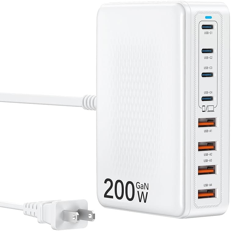 USB C Charger Block 200W Charging Station Hub for Multiple Devices Upgraded GaN III 8-Port PD 65W Fast Laptop Power Adapter for MacBook Pro/Air,DELL,iPad,HP,iPhone 16/15,Samsung S25/S24,Steam Deck etc - Product Image