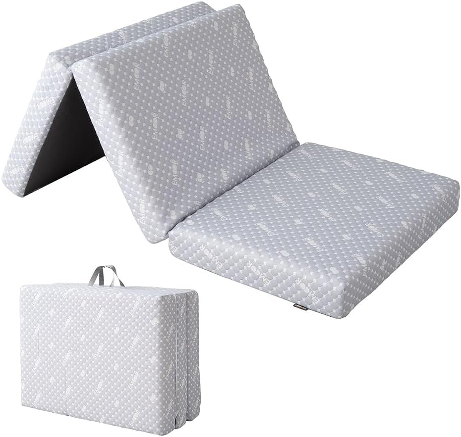 EMOOR Luxe Tri-Fold Compact Mattress (71 x 32 in) Gray, Urethane Removable Cover Outdoor Camping Portable Guest Handles Japanese Futon Mattress Tatami - Product Image