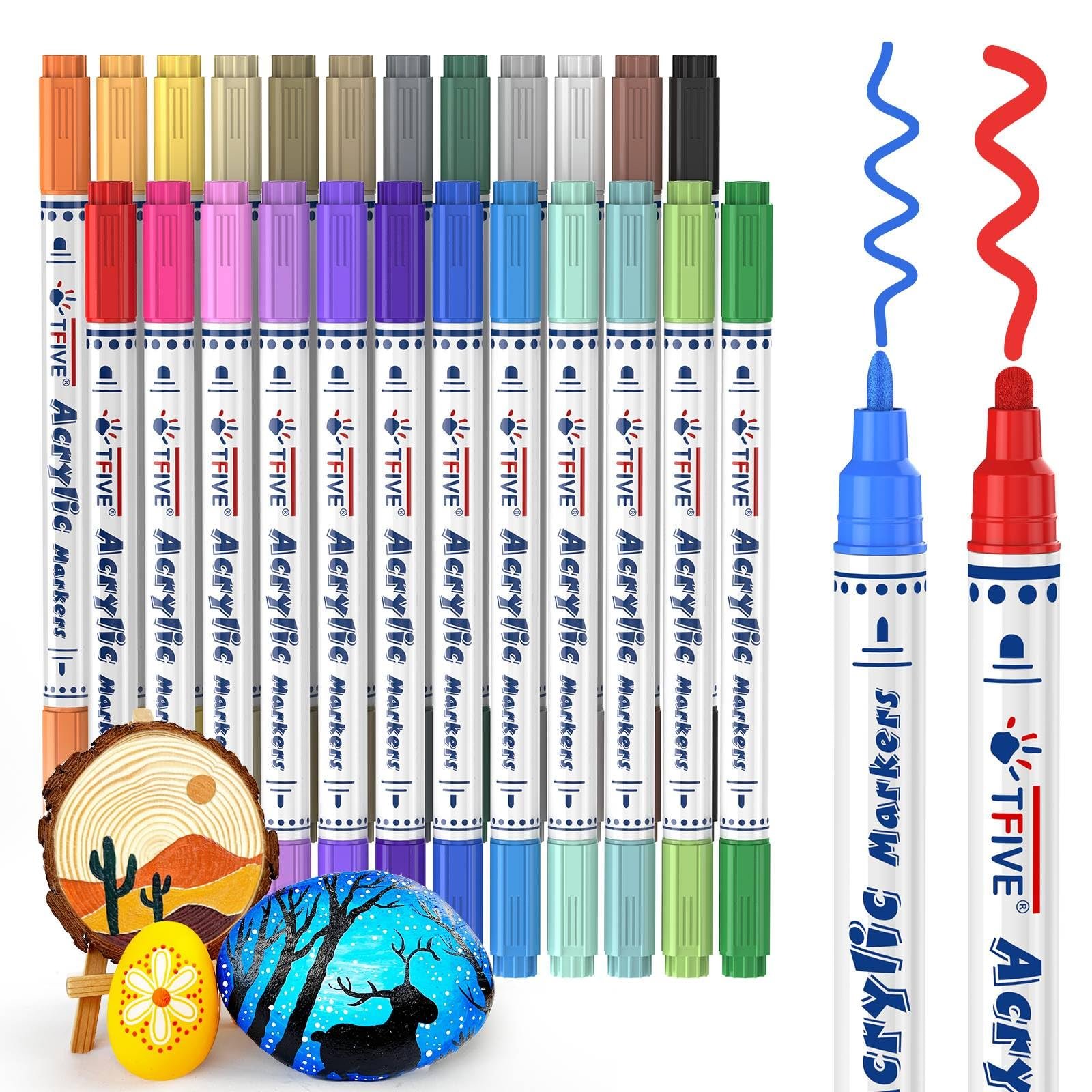 TFIVE Dual Tip Acrylic Paint Markers, 24 Colors Paint Pen - Fine Tip and Dot Tip, Waterproof, Water Based Permanent Markers for Fabric, Rock, Canvas, Wood, Ceramic, Glass, Metal, Leather, DIY Crafts - Product Image