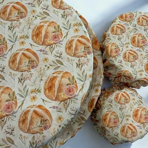 (4-Pack) Sourdough Reuseable Jar & Bowl Covers | Cute Baking Gift | 100% Cotton | Washable | Bread Proofing | Kitchen Food Storage Gifting | Starter Cover Lid Kit (Vintage Sourdough) - Product Image