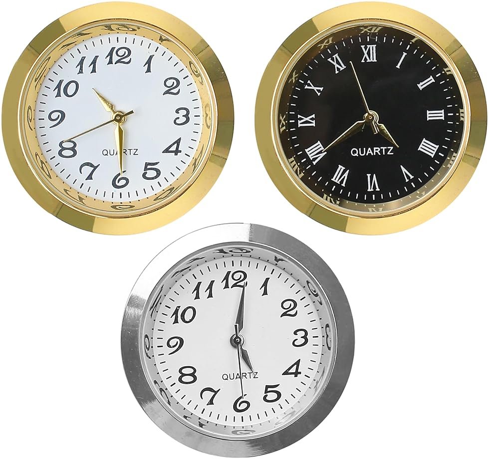 3PCS Mini Clock Face Insert Replacement, Fit 35mm (1.38") Hole Diameter, Round Inner Miniature Crystal Clock Roman Numeral Quartz Movement Metal Gold Tone Bezel Supplies for DIY Craft Repair Easy Read - Product Image
