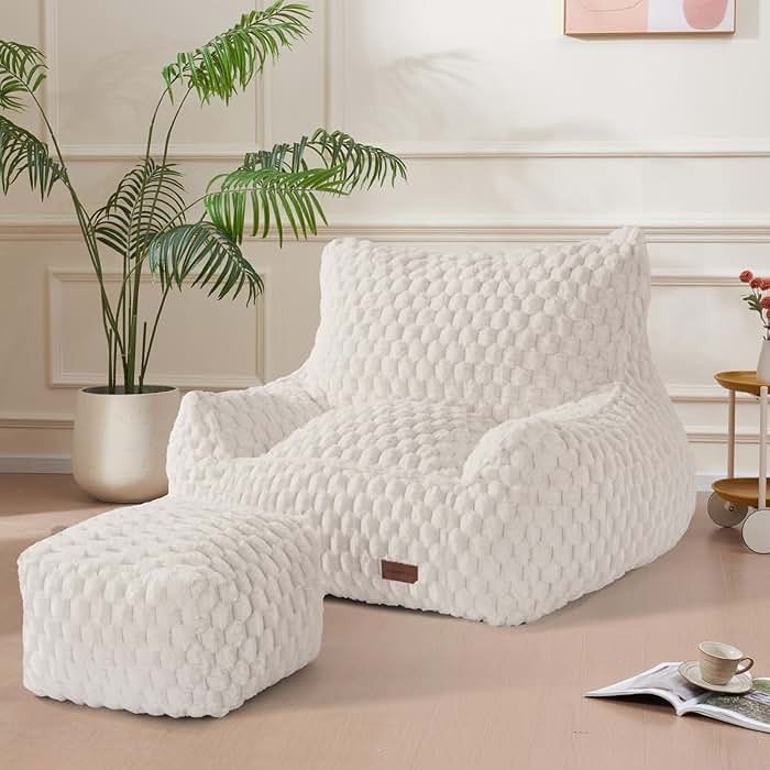 Bean Bag Chair with Ottoman, Modern Giant Bean Bag Couch Sofa with Footstool, Lounge Large Bean Bag Chairs for Adults Teens, Comfy Faux Fur Reading Chair for Bedroom, Living Room - Product Image