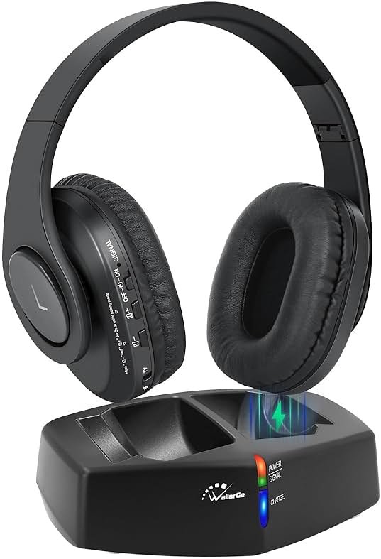 WallarGe Wireless Headphones for TV Watching, Easy Setup and Comfortable Bluetooth Headphones with RF Transmitter Charging Dock, 100 Ft Wireless Range, Rechargeable 25 Hours Play and No Audio Delay - Product Image