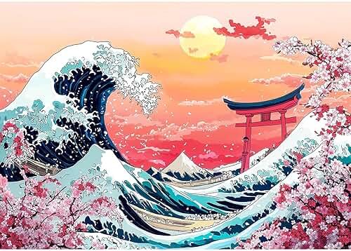 Lxmsja Cherry Blossom Diamond Art Kits for Adults, Great Wave DIY Full Drill Diamond Painting Kits for Beginners, 5D Gem Art Crafts for Adults, Home Wall Decor 16x12 inch - Product Image