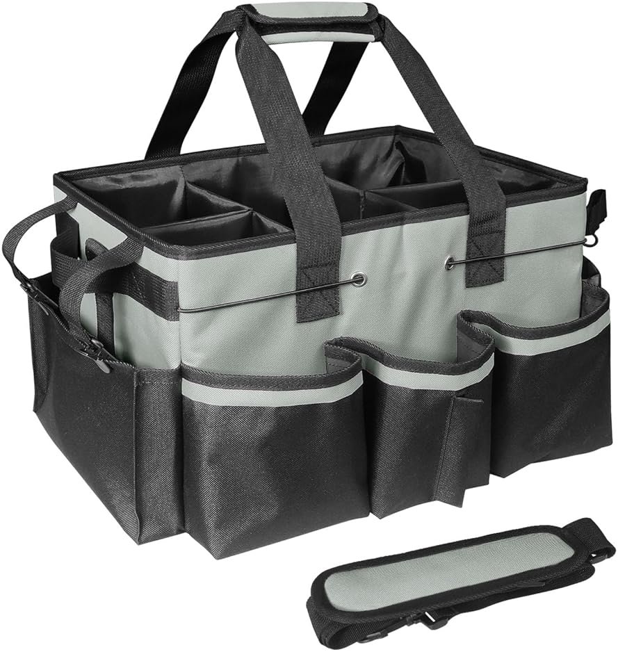 BOHEMIABY Cleaning Bags for Housekeepers, Large Cleaning Supplies Organizer with Handles & Shoulder Strap, Cleaning Caddy Bag with Foldable Divider for Cleaners, Car Horse Cleaning Bag(Grey) - Product Image