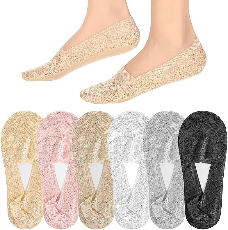 Yuanchu 6 Pairs Women No Show Lace Boat Socks, Cotton Invisible Non-slip Ankle Sock Multicolor Ultra Low Cut Liner - Product Image