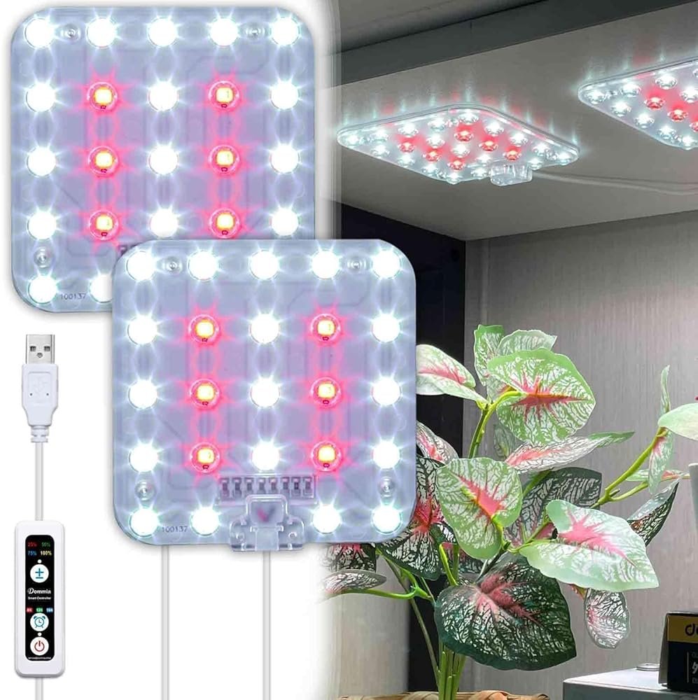 DOMMIA Full Spectrum LED Grow Light for Indoor Plants, 2 Panels 10W with 6/12/16h Timer Dimmable Plant Lights for Flower Veg Plant Growth USB, Daylight White, 1-Pack - Product Image
