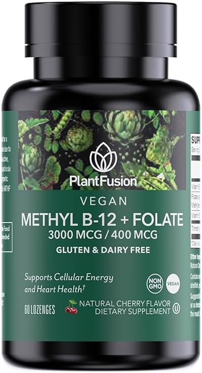 PlantFusion Methylated Vitamin B Complex – Vegan B12 3000mcg, Vegan Methylfolate (5-MTHF) 400mcg, B6 & TMG – Cherry-Flavored Lozenges – 60 Count - Product Image