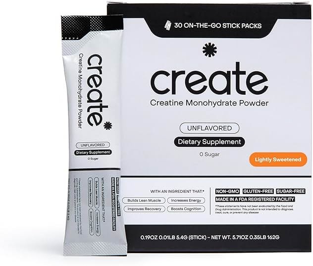 Create Creatine Monohydrate Powder - Creatine Travel Packets, Made with Creapure, 3rd Party Tested & NSF Certified for Sport, 30 Stick Packs, Unflavored - Product Image