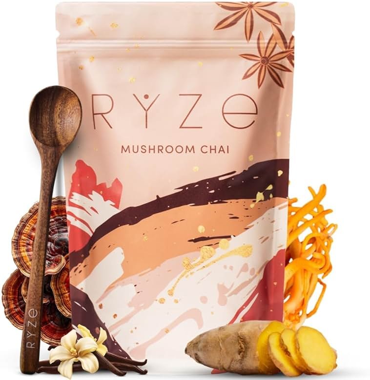 RYZE SUPERFOODS Mushroom Chai with 6 Organic Adaptogenic Mushrooms for Better Energy, Focus, Digestion, Immunity with USA Grown Lion's Mane, Turkey Tail, Shiitake, Reishi - Gluten Free, 20 Servings - Product Image