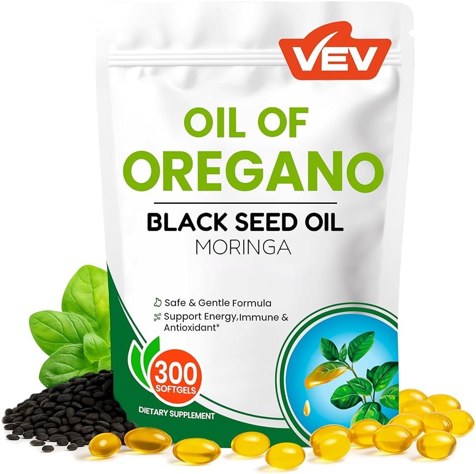 VEV Oil of Oregano with Black Seed Oil & Moringa, Organic, 300 Softgels, Aceite de Orégano, Carvacrol-Rich, Opaque Airtight Packaging - Product Image
