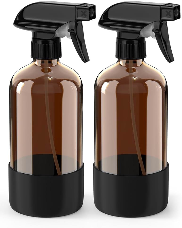 Bontip Glass Spray Bottle with Silicone Sleeve Protection, Amber Glass Spray Bottle Set for Window Cleaner Aromatherapy Facial Hydration Watering Flowers Hair Care 2 Pack/16 oz (Black) - Product Image