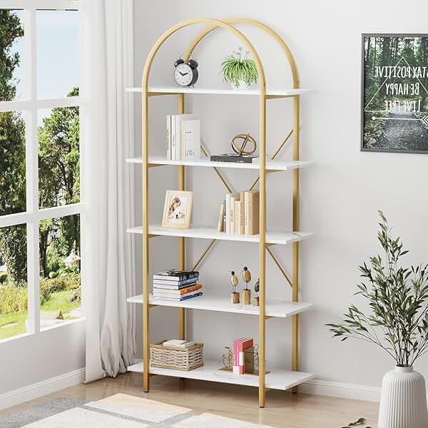 Arbuxzuy Arched Bookshelf 5 Tier Book Shelf, 31.5 Inch Width Industrial Arch Bookcase, Curved Tall Bookshelf with Open Shelves for Home Office, Living Room, Bedroom, Gold - Product Image