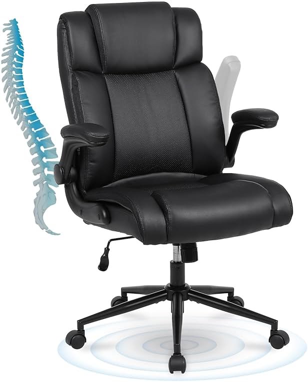 Ermnois Executive Office Chair with Thicken Flip-up Armrest, Ergonomic Home Office Desk Chair with Lumbar Support, Upholstered PU Leather Computer Gaming Chair for Home/Office, Black - Product Image