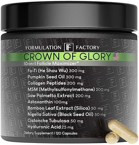 Formulation Factory Crown of Glory 10-in-1 Hair Growth Products - DHT Blocker for Men & Women with Pumpkin Seed Oil - Hair Vitamins for Faster Growth & Thickness - 120 Capsules, 2 Month Supply - Product Image