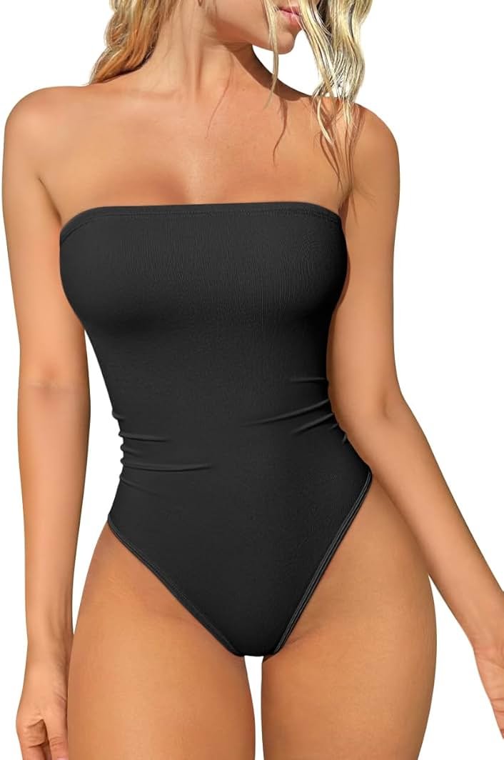 OQQ Womens Tube Bodysuits Strapless Basic Sleeveless Ruched Stretch Classic-Fit Tops Sexy Bodysuits - Product Image