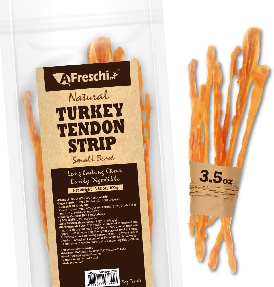 A Freschi srl Turkey Tendons for Dogs, USA-Sourced Human Grade, Rawhide-Free Long-Lasting Puppy Chews, All Natural Hypoallergenic Dog Treats for Small Breeds, 3.53 oz Pack Strips - Product Image