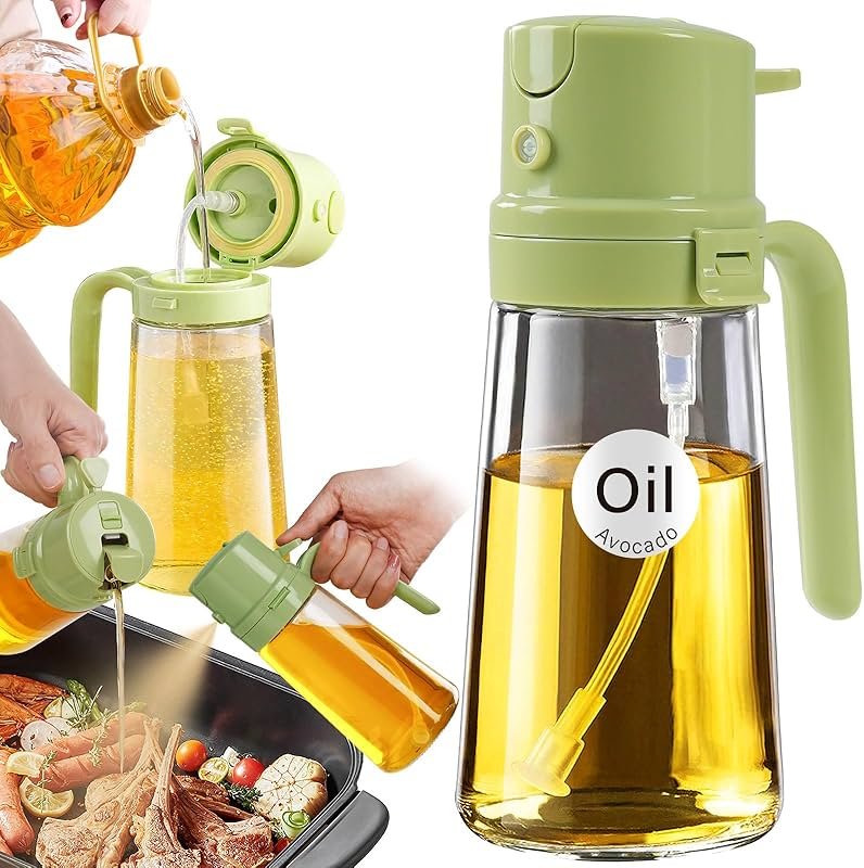 YARRAMATE 16oz/470ml Easy Refillable Oil Sprayer for Cooking, 2 in 1 Oil Dispenser for Kitchen and Oil Sprayer Bottle, Food-Grade Glass Oil Mister with Simple Open Design, Air Fryer,BBQ (Green) - Product Image
