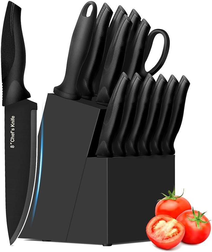 XANAPON Knife Set, 14 Pieces Kitchen Knife Set, High Carbon German Stainless Steel, Dishwasher Safe Cutlery with Sharpener, Black - Product Image