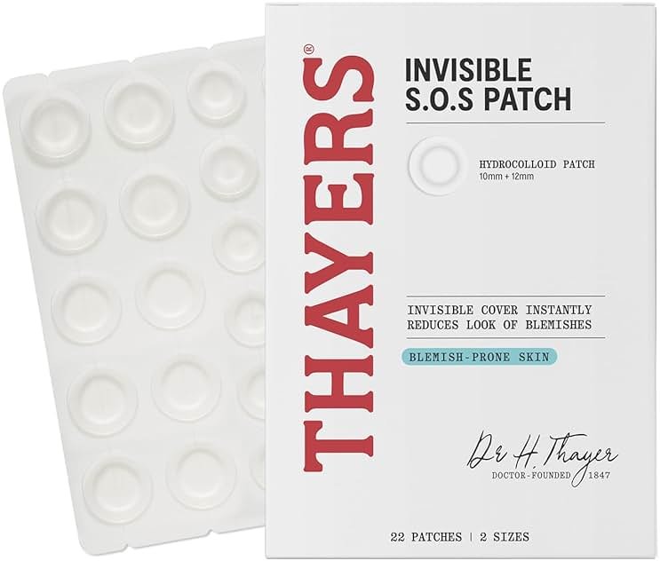THAYERS Invisible S.O.S Hydrocolloid Acne Pimple Patch, Ultra-Thin Design Instantly Reduces Look of Blemishes, Set of 22 Pimple Patches - Product Image