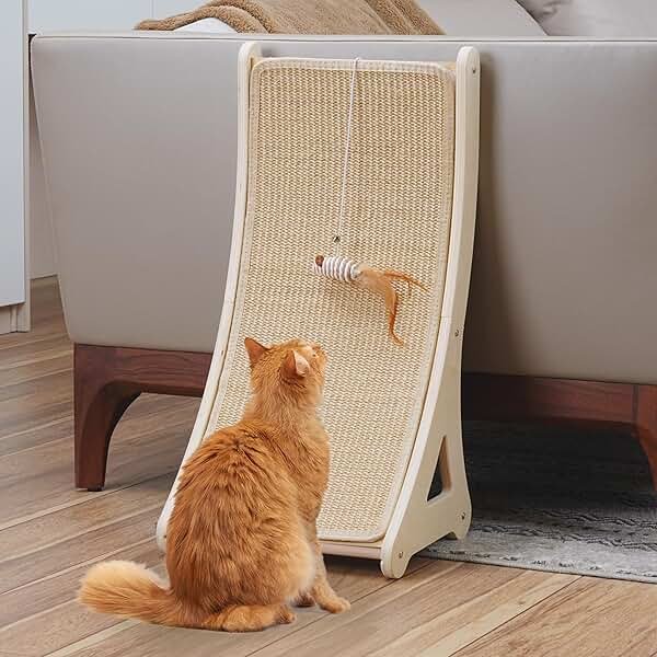 PETKARAY Curved Cat Scratcher, Sisal Kitty Scratching Ramp, L Shape Scratch Pad for Indoor Cats, 25.6" Furniture Protector with Mouse Toy - Product Image