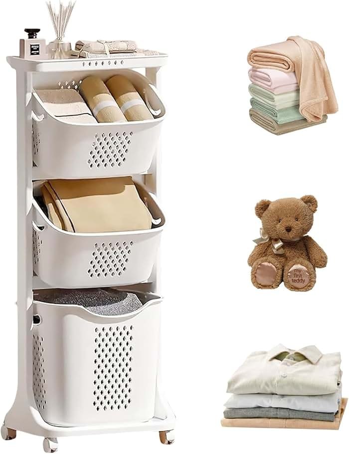 BAOKALER Rolling Laundry Hamper Cart with Wheels, 3 Tier White Laundry Baskets, Clothes Hamper with Portable Storage Baskets for Kitchens, Bathrooms, Bedrooms, Classrooms, Laundry Rooms(75L) - Product Image