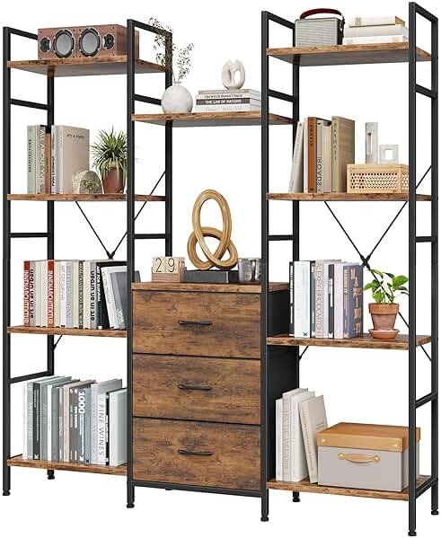 AFLUI Triple Bookshelf with 3 Fabric Drawers, 4-Tier Book Shelf and 10 Display Shelves, Industrial Large Bookcase for Home & Office, Rustic Brown, 47'' Wide - Product Image