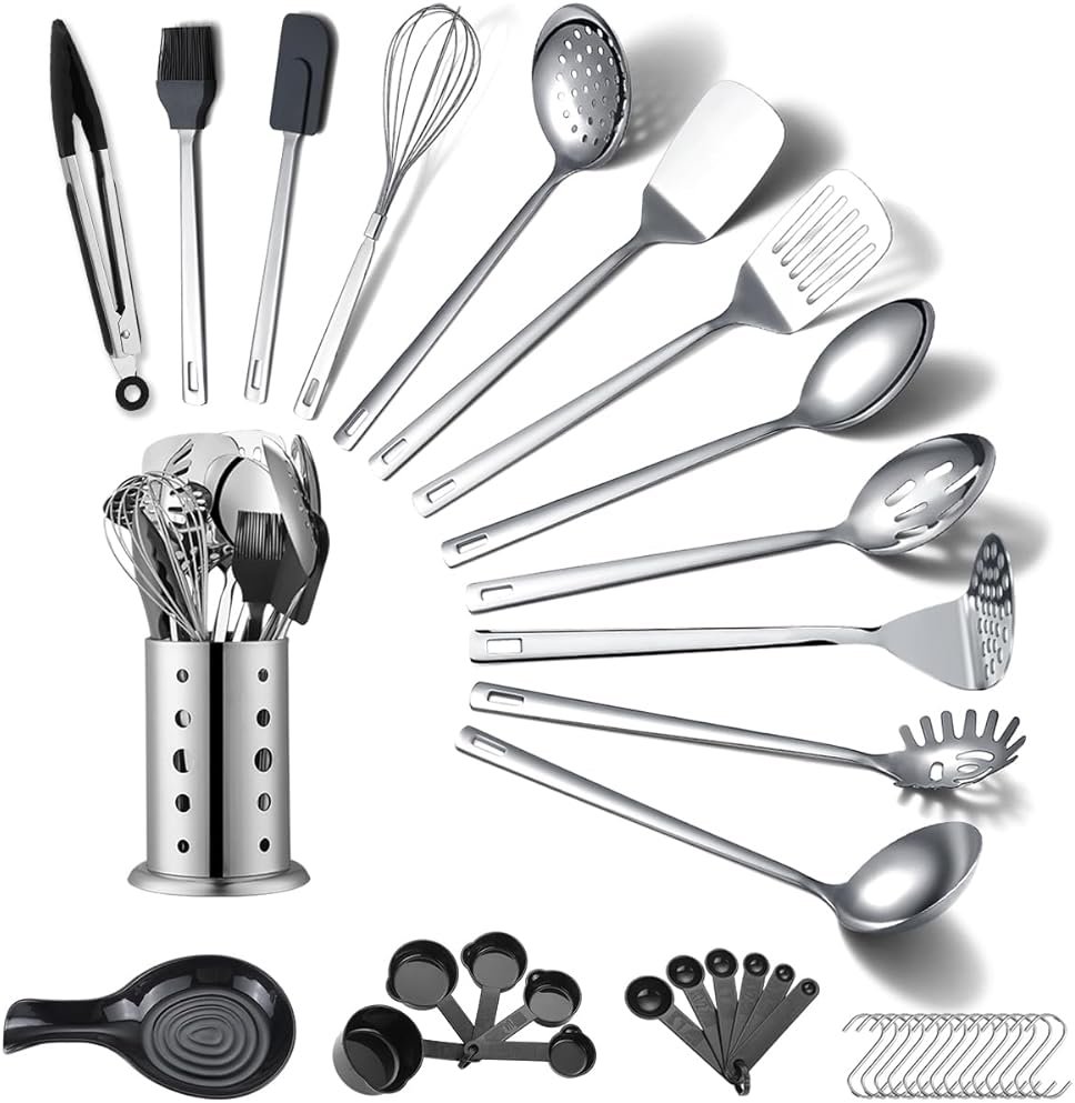 Stainless Steel Kitchen Utensils Set 40 Pieces, Cooking Utensil Set with Utensils Holder, Kitchen Gadgets Kitchen Essentials New Home, House, Appartment Must Have, Metal Spatula Set - Product Image