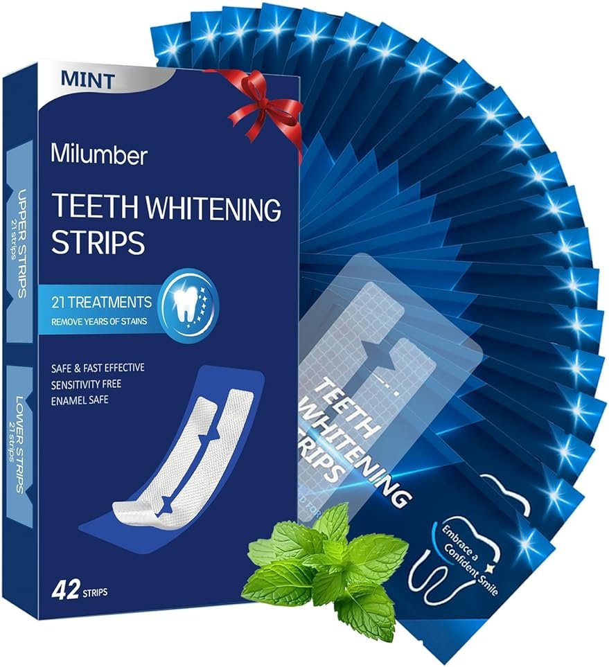 Milumber Teeth Whitening Strips for Sensitive, 42 Strips Whitener Safe Whitestrip, Deep Stains Removal Tooth Whitening, Enamel Safe Non-Slip Dry Strip Technology for Whiter Teeth, Mint - Product Image