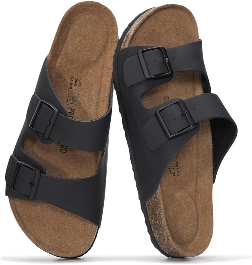 Project Cloud Mens Sandals 100% Genuine Leather - Memory Foam Insole & Cork Footbed Slides for Men Footwear - Non-Slip Summer Sandals for Men & Lightweight Mens Slides (Heritage) - Product Image