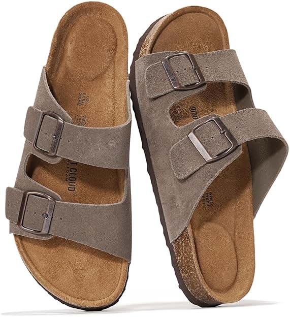Project Cloud Mens Sandals 100% Genuine Leather - Memory Foam Insole & Cork Footbed Slides for Men Footwear - Non-Slip Summer Sandals for Men & Lightweight Mens Slides (Heritage) - Product Image