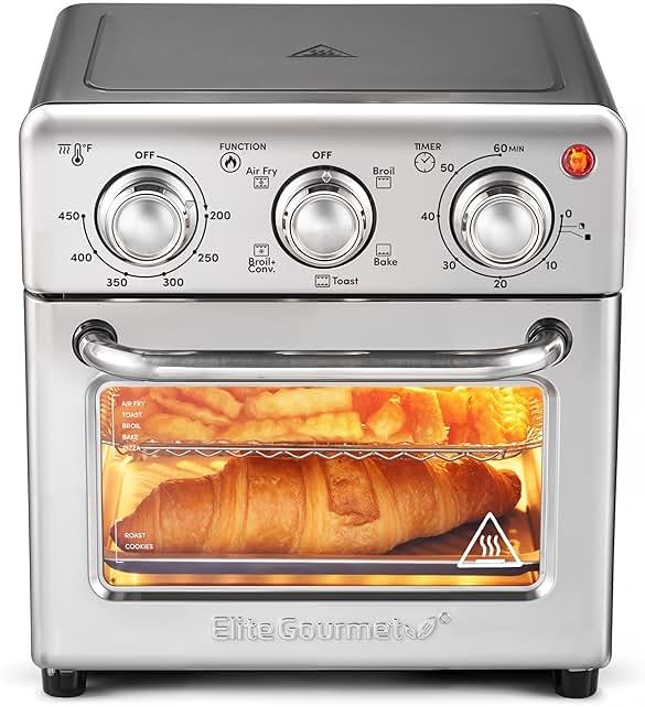 Elite Gourmet Compact 8.5Qt Air Fryer Oven – Mini Countertop Air Fryer with Adjustable Time & Temperature Controls, 800W, Includes Air Fry Basket, Bake Pan & Recipes, Stainless Steel - Product Image