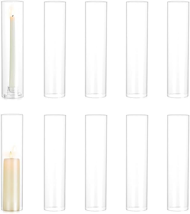 Hewory Hurricane Glass Candle Holders: 10 PCS Clear Open Ended Cylinder Candle Holder Sleeve for Candlestick Holders - Taper Candle Holder Bulk for Wedding Christmas Centerpiece Decor (D 2.5" x H 11") - Product Image