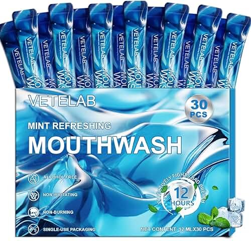 Travel Size Mouthwash Packets - Mini Mint Mouthwash for Adults, Alcohol & Fluoride Free, TSA Friendly Travel Toiletries, Individually Wrapped, Fresh Breath for Travel, Office, On the Go, 30 Pack - Product Image