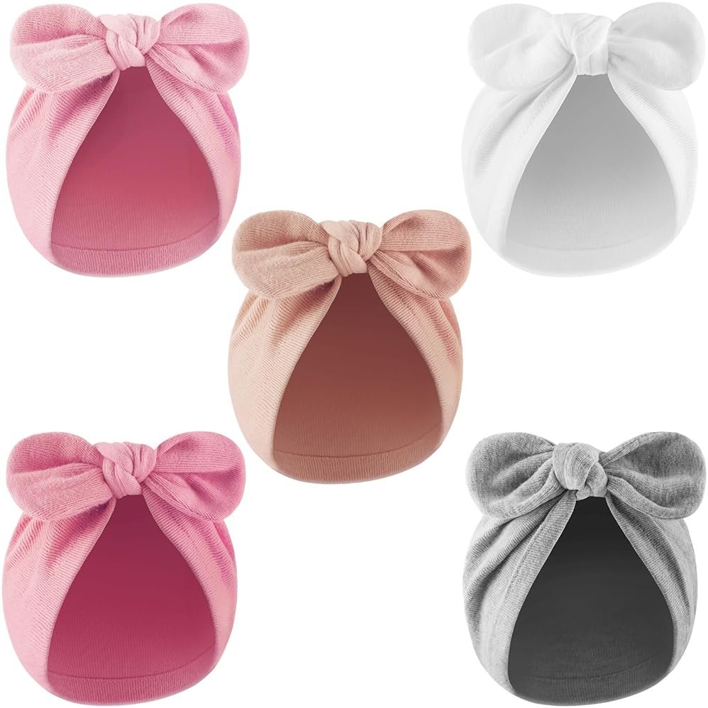 AQOKKA Newborn Baby Girl Hats with Bow Cotton Toddler Infant Beanie Cap Newborn Hospital Hats for Baby Girl Kid 0-12 Months - Product Image