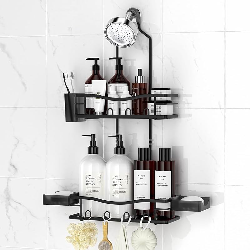 REINHARDT Shower Caddy Hanging, Rustproof Shower Caddy Anti-Swing Shower Organizer Over Showerhead No Drilling Shower Racks with Soap Holder Multi Hooks Bathroom Storage for Shampoo Sponge, Black - Product Image